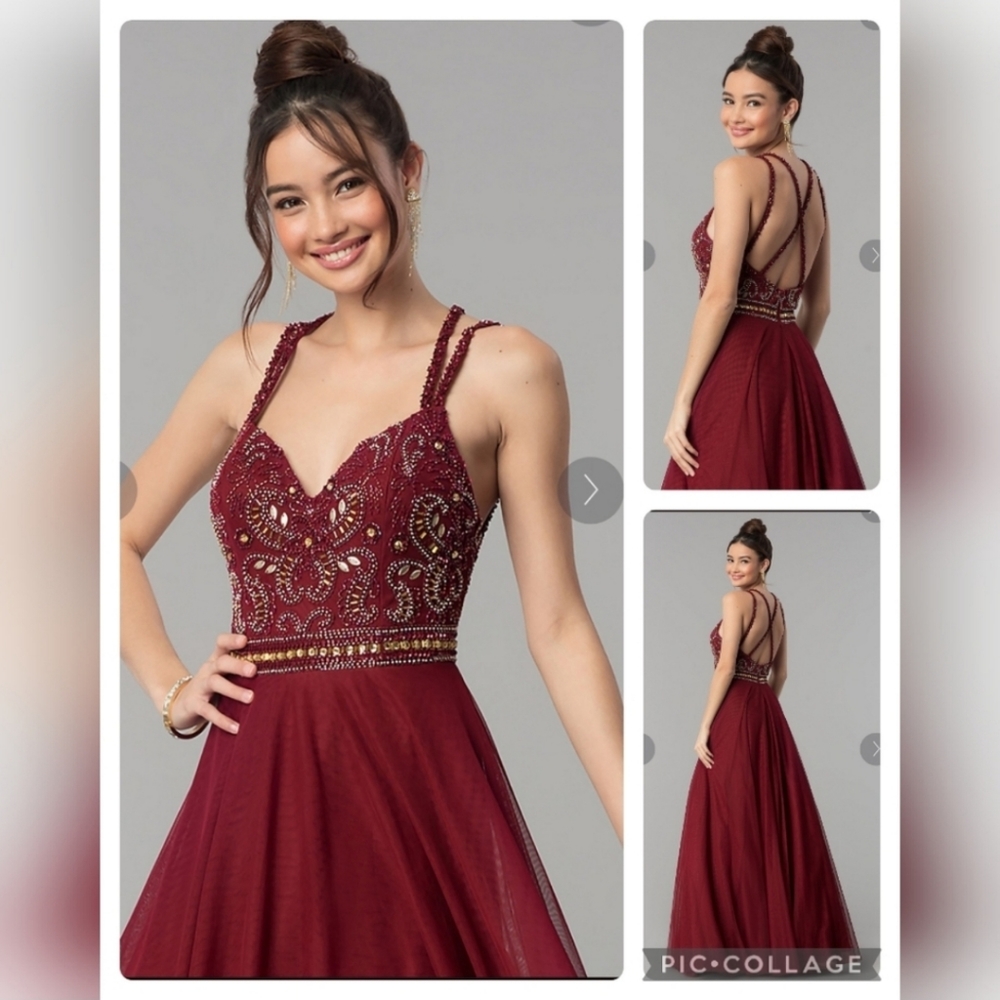 Shail K Burgundy Gold Beaded Sequins Rhinestones Formal Gown Size 2